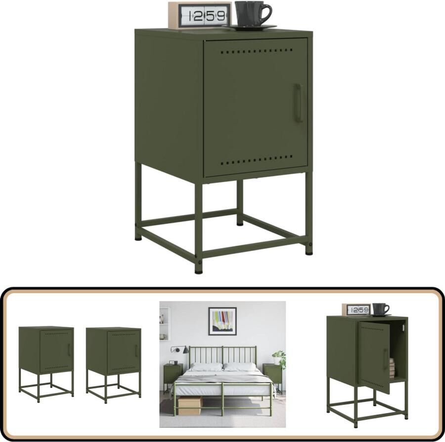 VidaXL Nachtkastjes Set van 2 Olijfgroen Staal Nachtkastje Nachtkastjes Houten Nachtkastje Slaapkamerkast