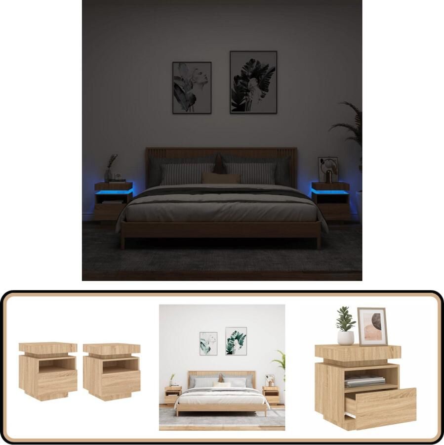 VidaXL Nachtkastjes Set van 2 Sonoma Eiken 40x39x48 5 cm Nachtkastjes Salontafel Led Lamp Houten Meubels Bedroom Furniture Woonkamer Accessoires Lichtgevende Meubel