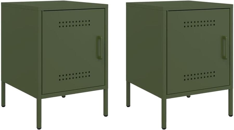 The Living Store Nachtkastjes 2 st 36x39x50 5 cm staal olijfgroen Nachtkastje Industrieel Metalen Nachtkastje Staal Groen Nachtkastje - Foto 2