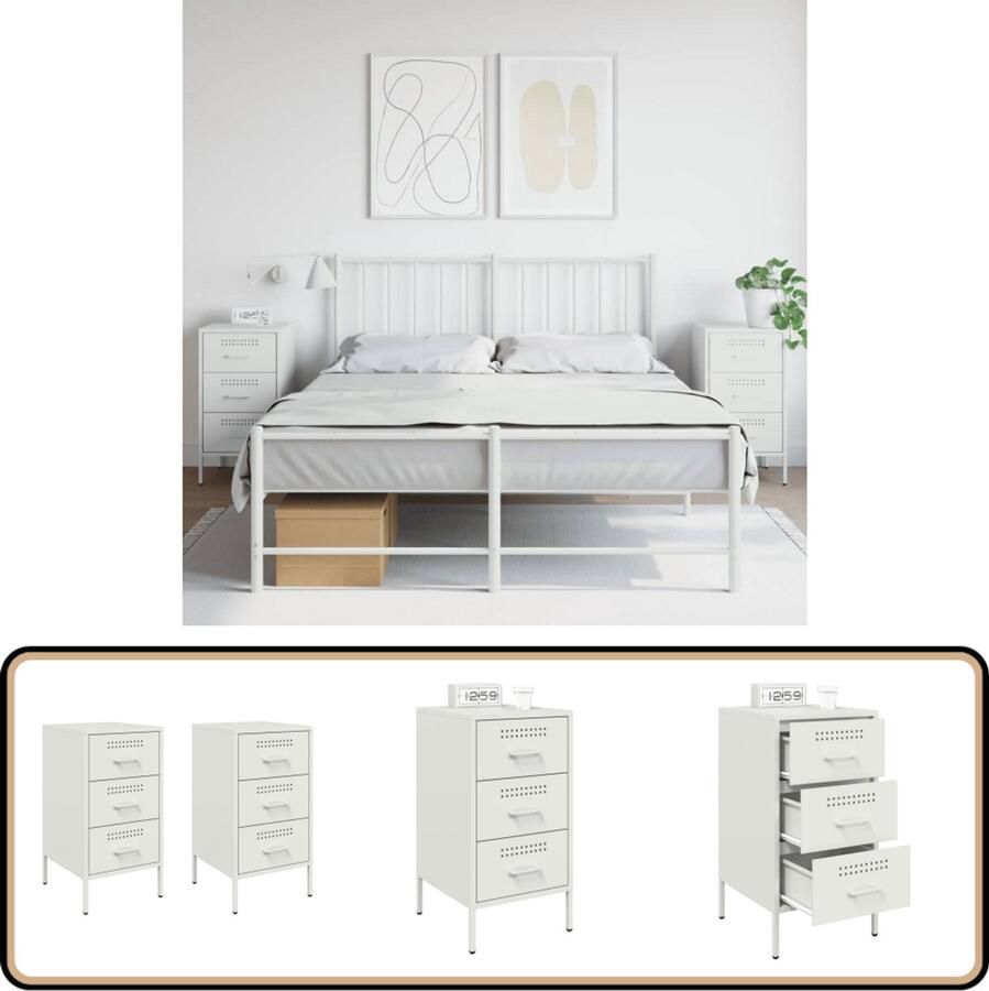 VidaXL Nachtkastjes Set van 2 Staal Wit Nachtkastje Nachtkastjes Bijzettafel Wandkastje