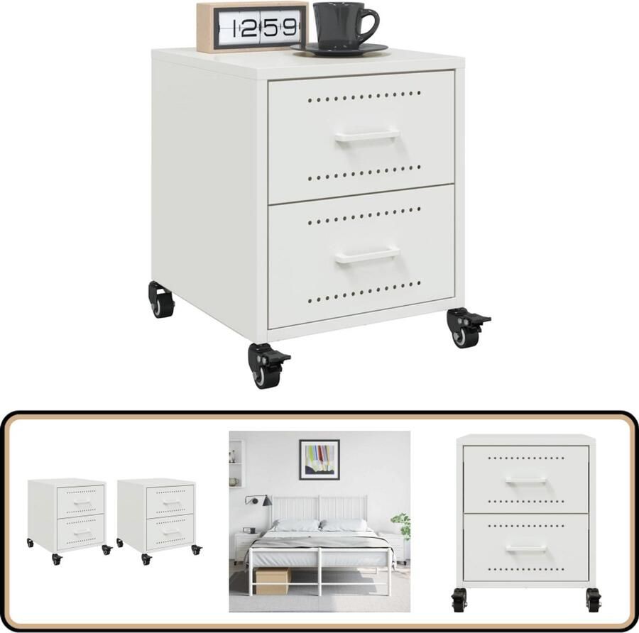 VidaXL Nachtkastjes Set van 2 Staal Wit Nachtkastje Nachtkastjes Houten Nachtkastje Slaapkamerkast