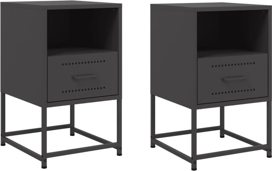 The Living Store Nachtkastjes 2 st 36x39x60 5 cm staal zwart Nachtkastje Industrieel Staal Zwart Opbergruimte - Foto 2