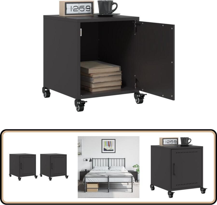 VidaXL Nachtkastjes Set van 2 Staal Zwart Nachtkastjes Kastjes Slaapkamers Meubilair Industriële Stijl