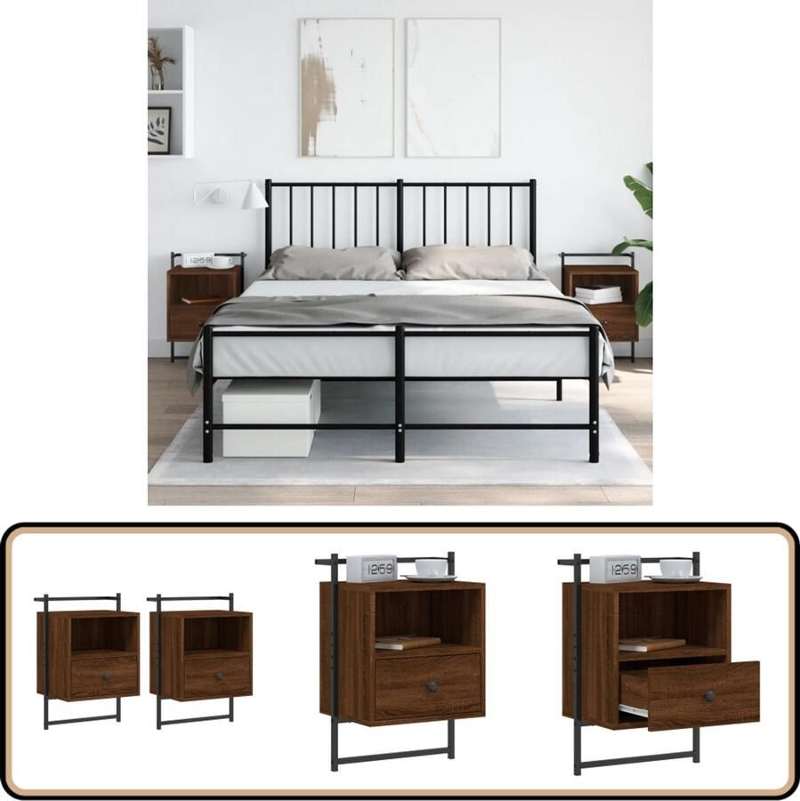 VidaXL Nachtkastjes Set van 2 Wandgemonteerd Bruineiken Wandlamp Nachtlamp Kastje Bergruimte Slaapkamervloer Houten Meubels Bruin Eiken Designmeubel