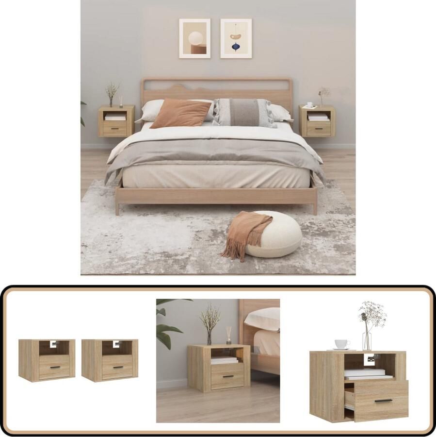 VidaXL Nachtkastjes Set van 2 Wandgemonteerd Sonoma Eikenkleur Wandlamp Nachtlamp Kastje Bergruimte Slaapkamerdecoratie