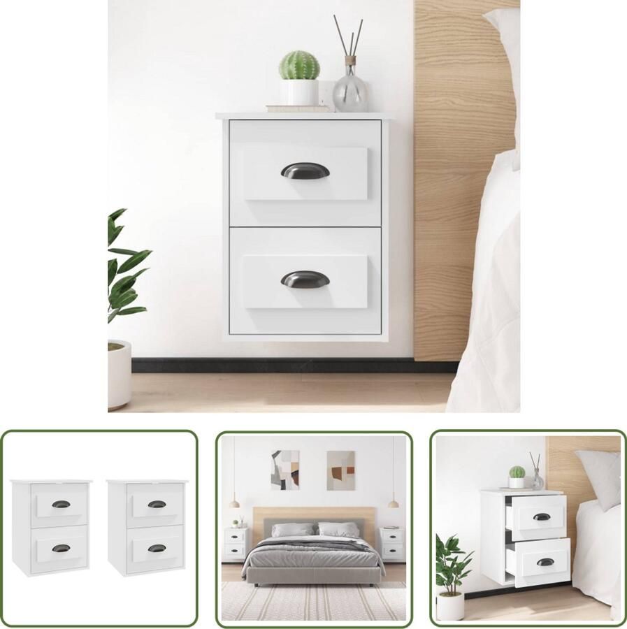 VidaXL Nachtkastjes Set van 2 Wandgemonteerd Wit Wandkasten Nachtkastjes Kastjes Slaapkamer Meubilair Houten Kasten Witte Meubels Minimalistische Meubelen