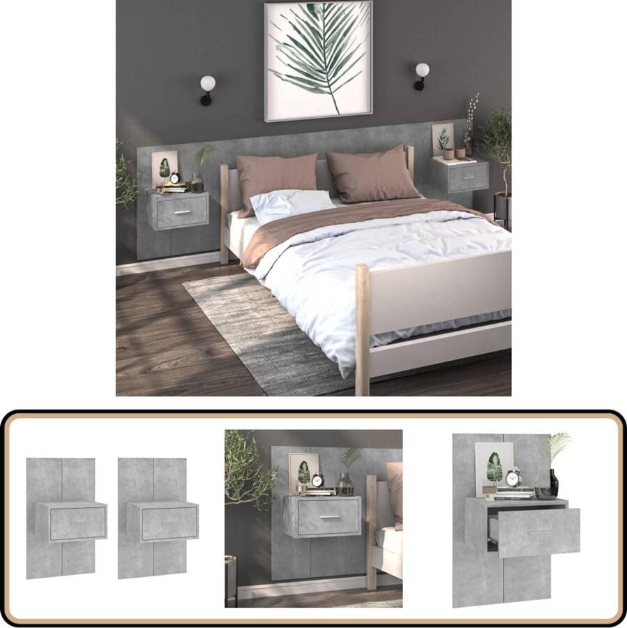 VidaXL Nachtkastjes Set van 2 Wandmontage Betongrijs Wandlamp Nachtlamp Bergruimte Slaapkamersdecoratie Houten Meubels