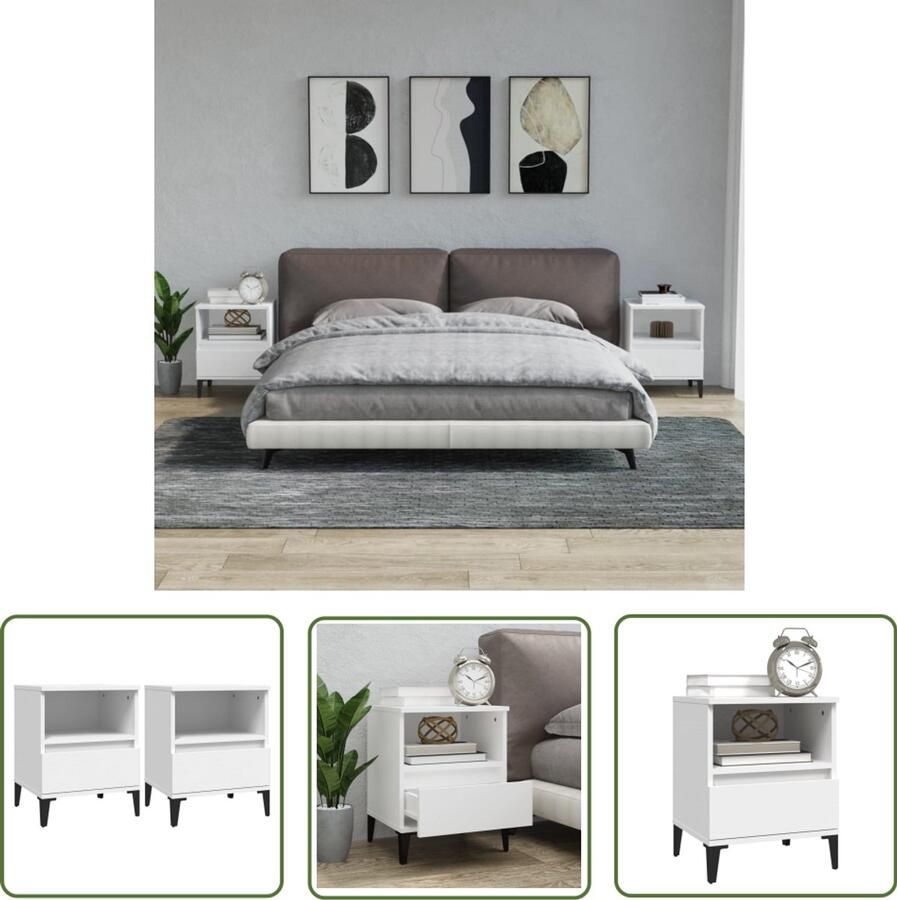 VidaXL Nachtkastjes Set van 2 Wit 40x35x50 cm Nachtkastje Slaapkamer Meubilair Houten Kast Witte Kast Industrieel Design Opbergruimte Met Laden Stapelbare Kasten Nachtlamp Tafeltje Kamerdecoratie