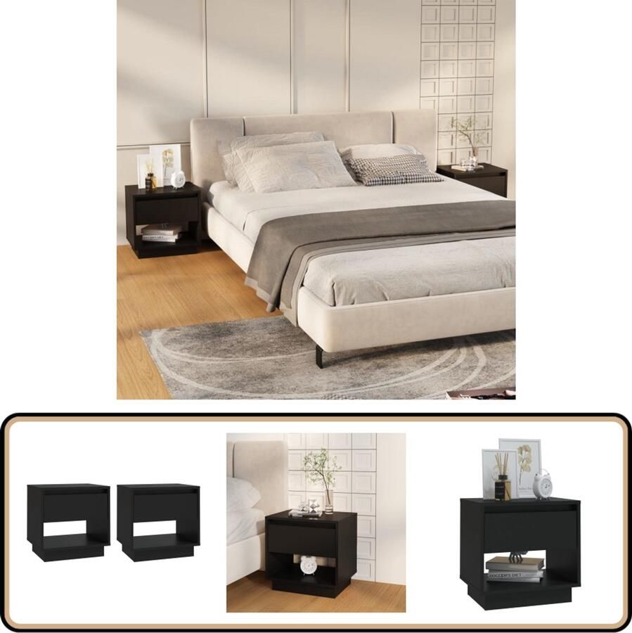 VidaXL Nachtkastjes Set van 2 Zwart Bewerkt Hout Nachtkastjes Zwarte Nachtkastjes Houten Nachtkastjes Slaapkamer Meubilair Nachtkastjes Bijzettafels Nachtlamp Tafeltje Boekenplank Tafel Decoratieve Kast