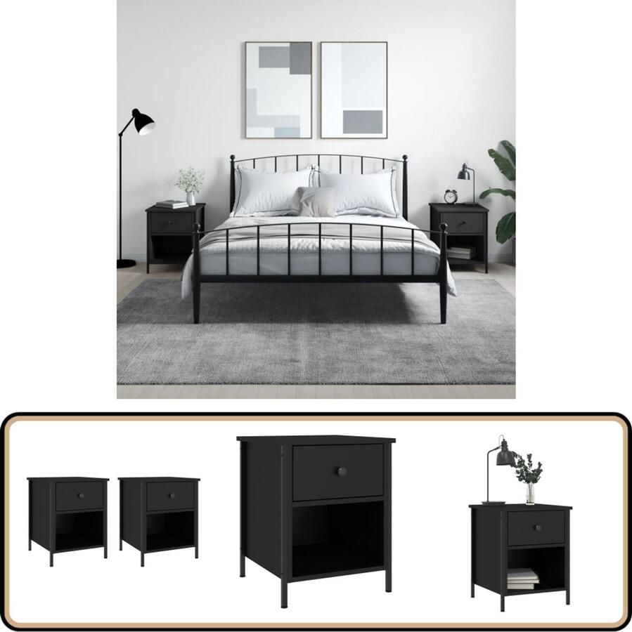 VidaXL Nachtkastjes Set van 2 Zwart Hout en IJzer Nachtkastjes Kast Slaapkamermeubels Zwarte Kast Houten Kast