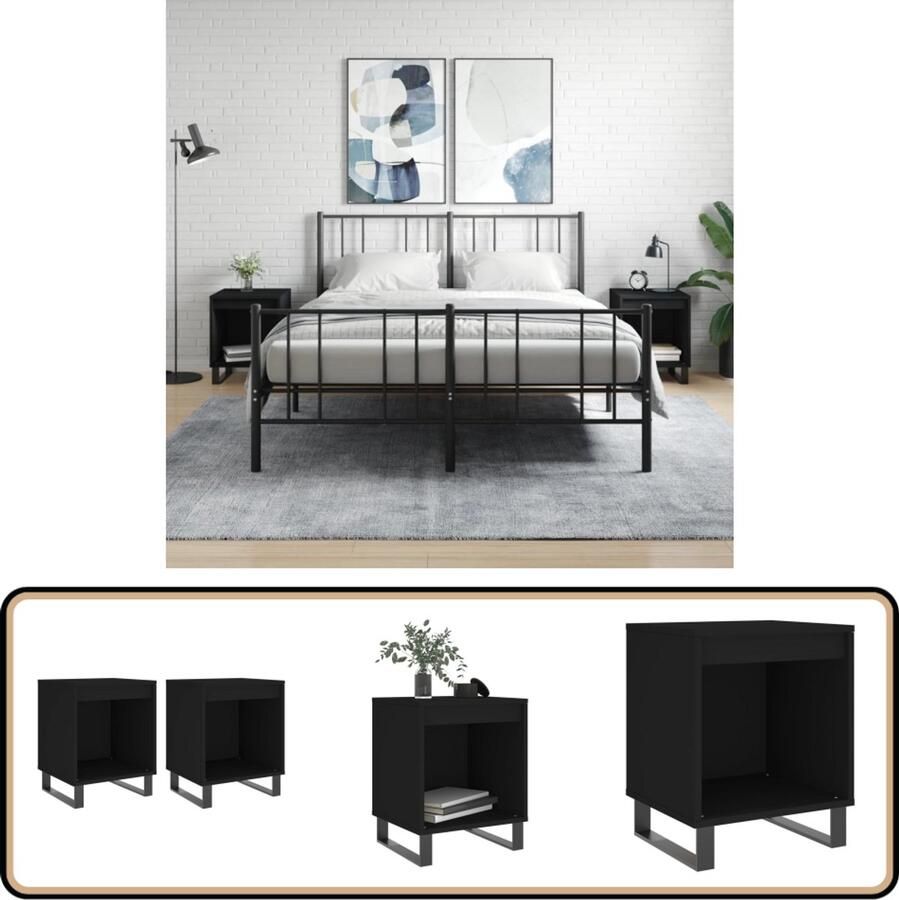 VidaXL Nachtkastjes Set van 2 Zwart Hout en Metaal Nachtkastje Zwarte Nachtkast Houten Nachtkast Salontafel Kamermeubilair Slaapkamersfeer Woonkamerdecoratie Vintage Meubel