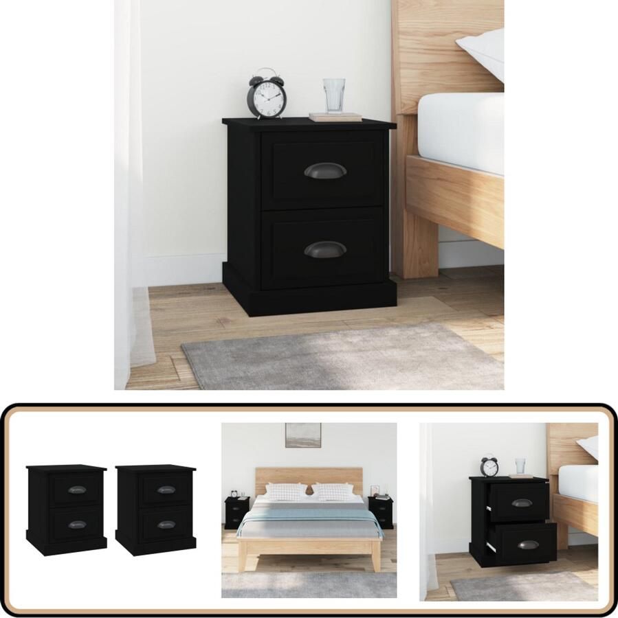 VidaXL Nachtkastjes Set van 2 Zwart Hout Nachtkastjes Nachtkast Kast Slaapkamers Houten Kasten Zwarte Kasten Decoratief Meubel Bergruimte Designmeubilair