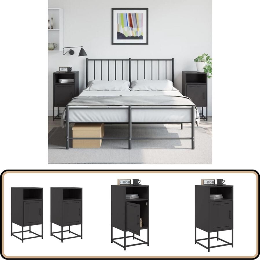 VidaXL Nachtkastjes Set van 2 Zwart Staal 36x39x78 cm Nachtkastje Nachtkastjes Bijzettafel Wandkastje