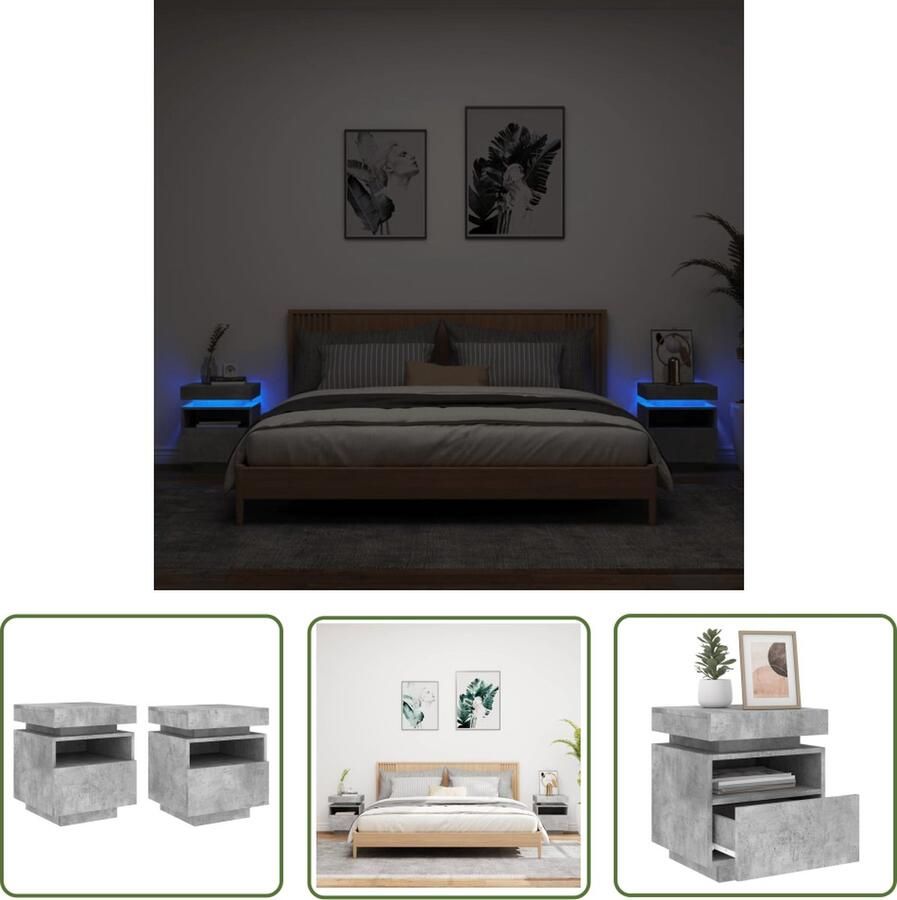 The Living Store Nachtkastjes met LED-verlichting 2 st 40x39x48 5 cm betongrijs Slaapkamers Meubilair Nachtkastjes Led Lampen Houten Meubelen Betonnen Grijs