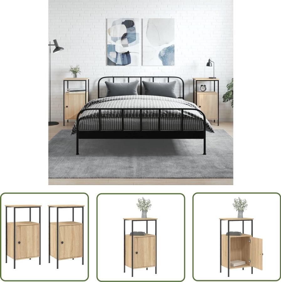 VidaXL Nachtkastjes Sonoma eiken Set van 2 Nachtkastje Kast Slaapkamermeubilair Industrieel Design Houten Kast Bruine Kast