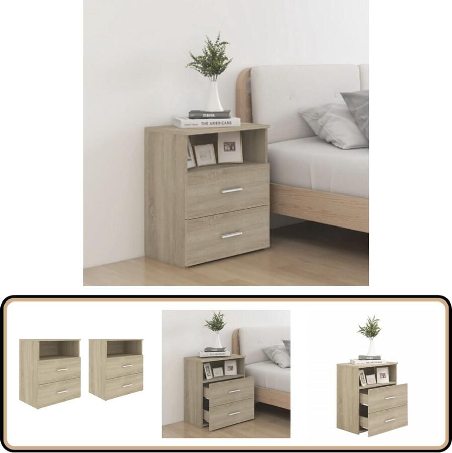 VidaXL Nachtkastjes Sonoma Eiken Set van 2 Nachtkastje Slaapkamermeubilair Houten Meubel Sonoma Eiken Designkamer Modern Interieur Opbergruimte Bedsidetable