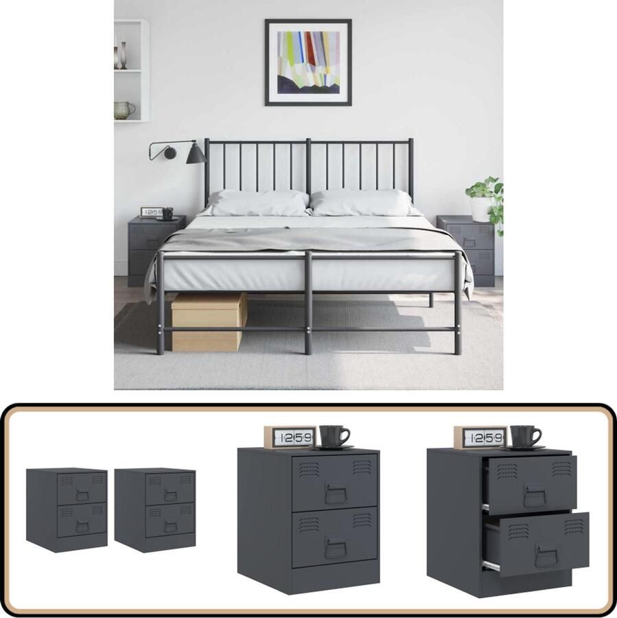 VidaXL Nachtkastjes Staal Antraciet Set van 2 Nachtkastje Bijzettafel Staal Meubilair Industrieel Design Antraciet Kleurstelling