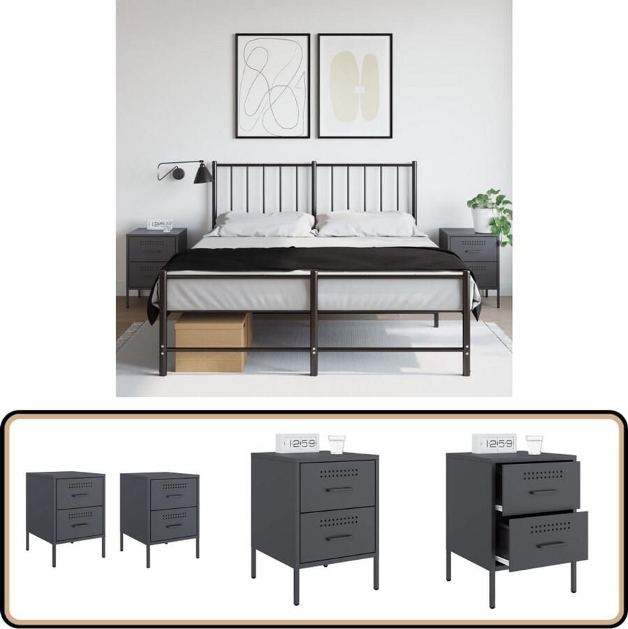 VidaXL Nachtkastjes Staal Antraciet Set van 2 Nachtkastje Nachtkastjes Bijzettafel Wandkastje