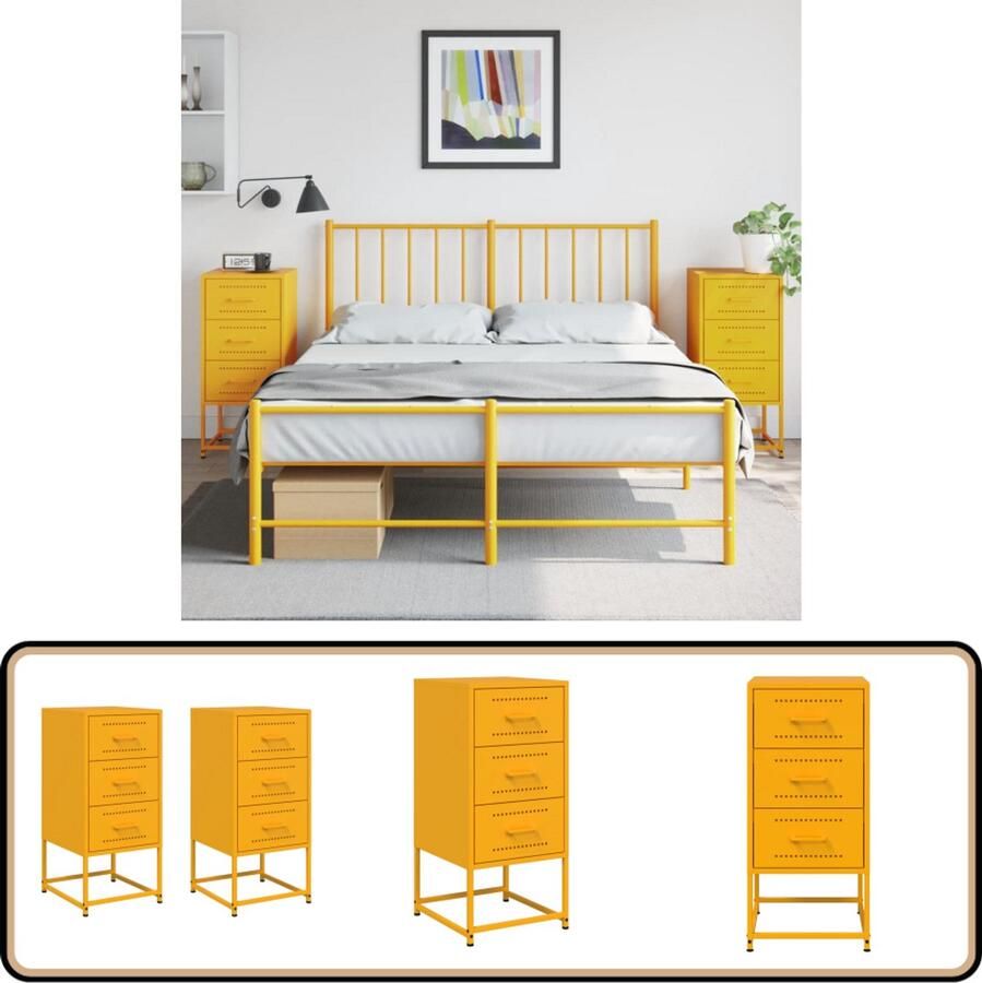 VidaXL Nachtkastjes staal mosterdgeel 2 stuks Nachtkastje Bijzettafel Industriële Meubels Mustardkleurig Meubel Metalen Kast