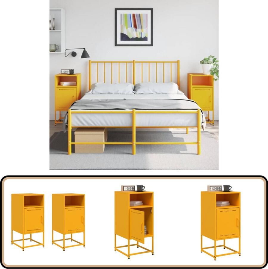 VidaXL Nachtkastjes Staal Mosterdgeel 2 stuks Nachtkastje Nachtkastjes Bijzettafel Wandkastje - Foto 2