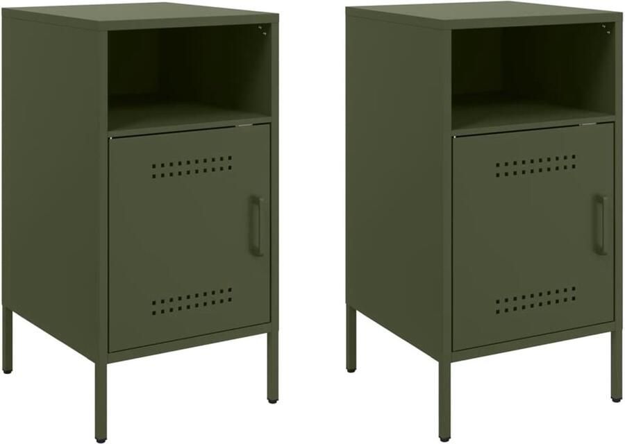 The Living Store Nachtkastjes 2 st 36x39x68 cm staal olijfgroen Nachtkastjes Industrieel Staal Groen Olijfgroen - Foto 2