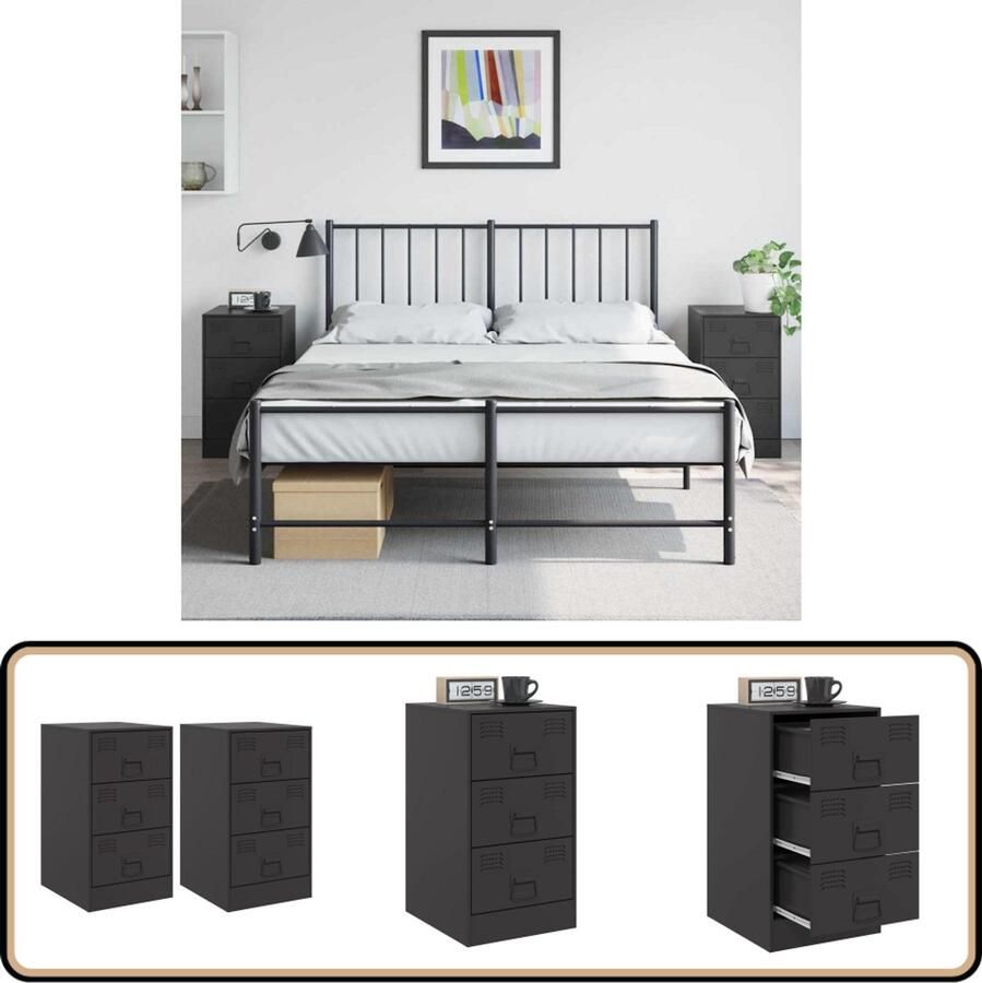 VidaXL Nachtkastjes Staal Zwart Set van 2 Nachtkastje Nachtkastjes Bijzettafel Wandkastje