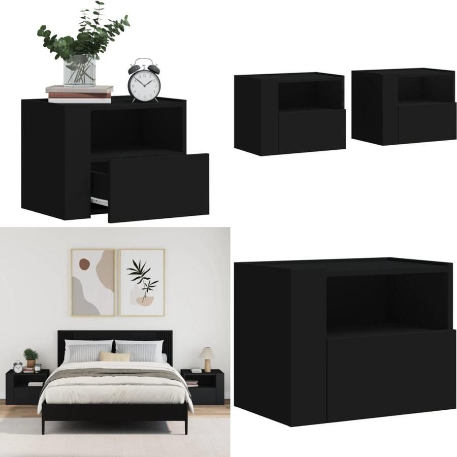 VidaXL Nachtkastjes wandgemonteerd 2 st 45x30x35 cm zwart Wandgemonteerd Nachtkastje Wandgemonteerde Nachtkastjes Bijzettafel Wandkastje