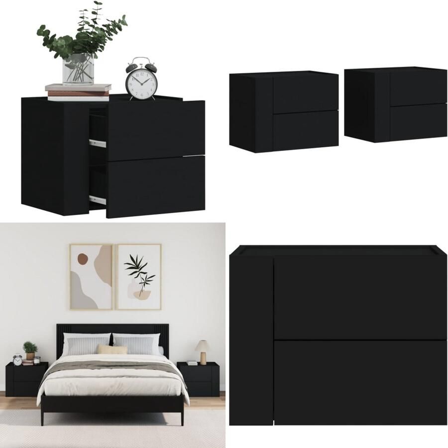 VidaXL Nachtkastjes wandgemonteerd 2 st 45x30x35 cm zwart Wandgemonteerd Nachtkastje Wandgemonteerde Nachtkastjes Bijzettafel Wandkastje