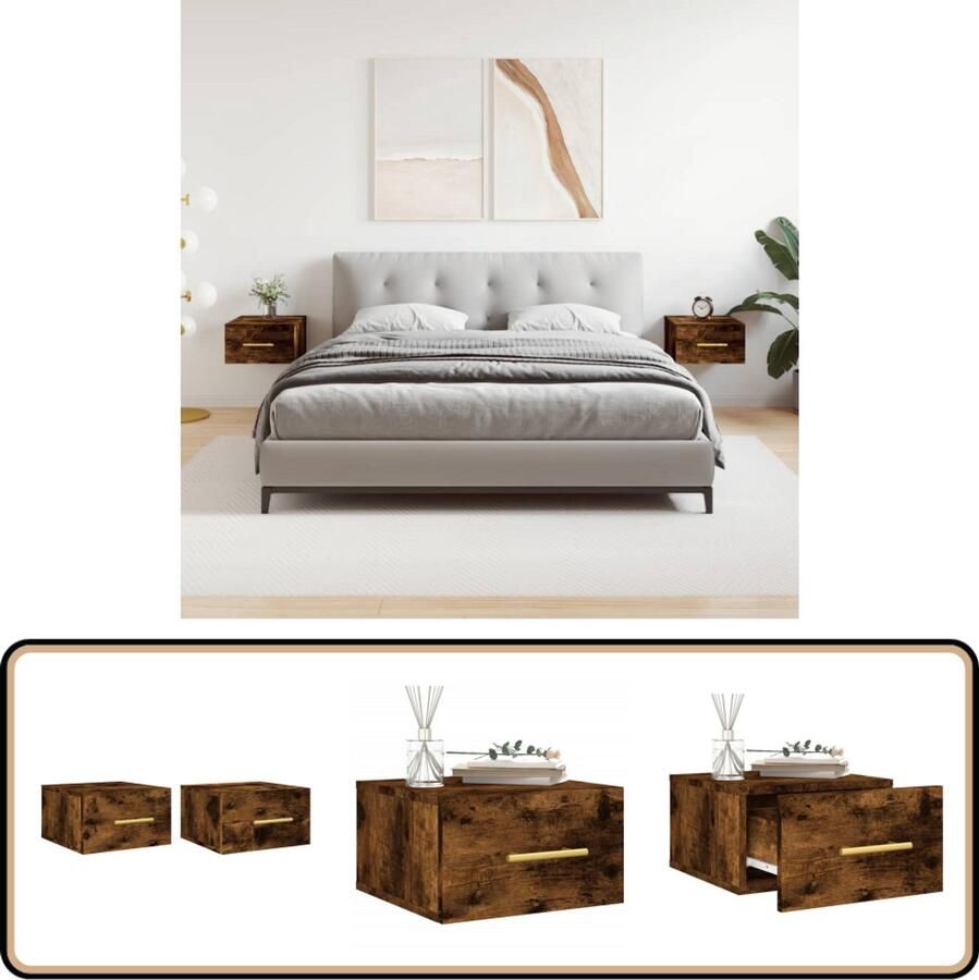 VidaXL Nachtkastjes Wandgemonteerd Gerookt Eiken 2 st Wandlamp Nachtlamp Bergruimte Badkamermeubel Slaapkamerdecoratie Houten Meubels Vintage Stijl Modern Design