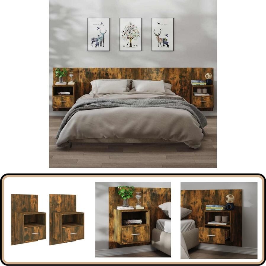 VidaXL Nachtkastjes Wandgemonteerd Gerookt Eiken 2 st Wandlamp Nachtlamp Bergruimte Badkamermeubilair Houten Meubels Slaapkamersdecoratie Decoratieve Accessoires Vintage Stijl