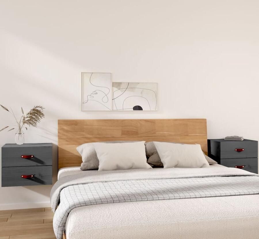 VidaXL Nachtkastjes Wandgemonteerd Grijs 2 stuks Wandlamp Nachtlamp Grenoble Hout Houten Kast Opbergvak Decoratief Item Slaapkamersdecoratie Minimalistische Meubels - Foto 2