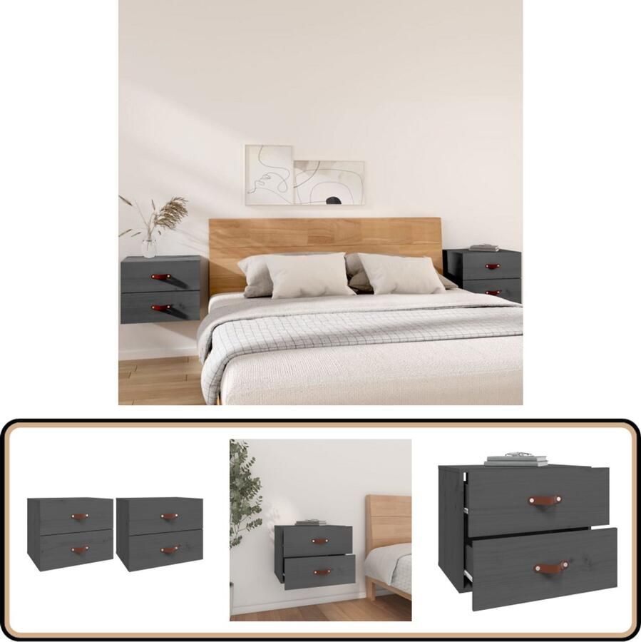 VidaXL Nachtkastjes Wandgemonteerd Grijs 2 stuks Wandlamp Nachtlamp Grenoble Hout Houten Kast Opbergvak Decoratief Item Slaapkamersdecoratie Minimalistische Meubels