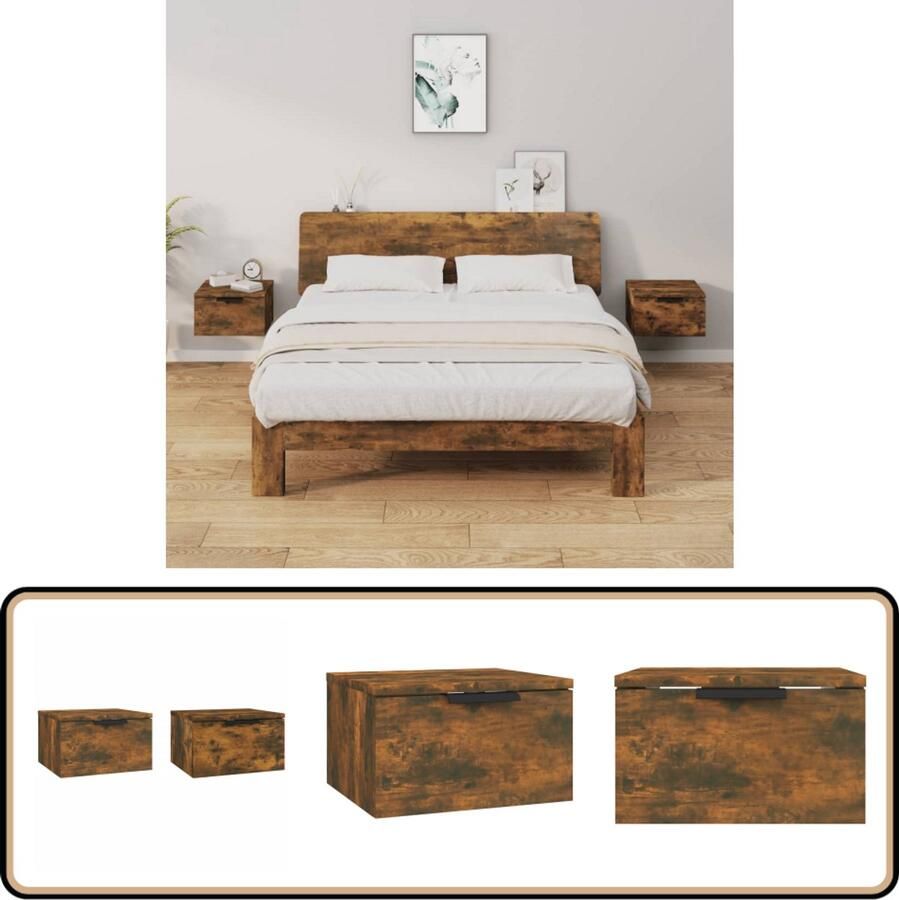 VidaXL Nachtkastjes Wandgemonteerd Set van 2 Gerookt eiken Wandlamp Nachtlamp Kastje Bergruimte Badkamermeubel