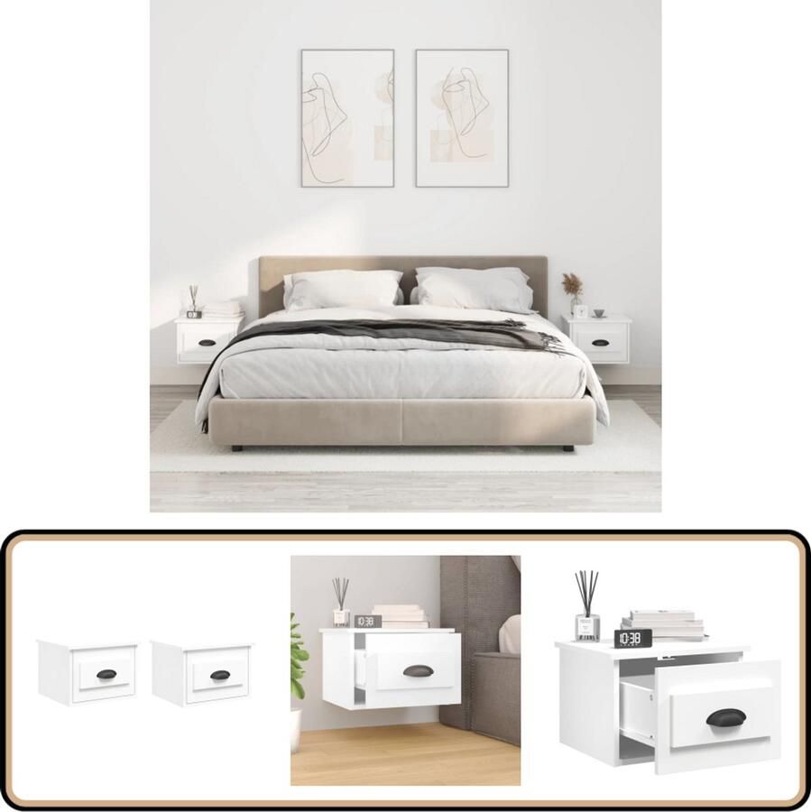 VidaXL Nachtkastjes Wandgemonteerd Wit Set van 2 Wandkast Nachtkastje Kastje Slaapkamerinrichting Houten Meubels Wit Meubel Minimalistische Meubelen Opbergruimte