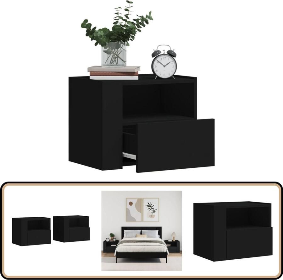 VidaXL Nachtkastjes Wandgemonteerd Zwart 2 stuks Wandgemonteerd Nachtkastje Wandgemonteerde Nachtkastjes Bijzettafel Wandkastje