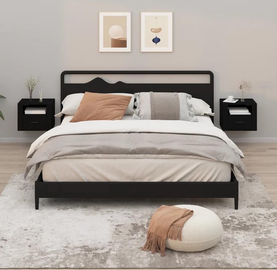 VidaXL Nachtkastjes Wandgemonteerd Zwart 2 stuks Zwevende Nachtkastjes Wandmontage Zwarte Nachtkastjes Houten Nachtkastjes Slaapkamer Meubels Decoratief Kastje Bergruimte - Foto 2