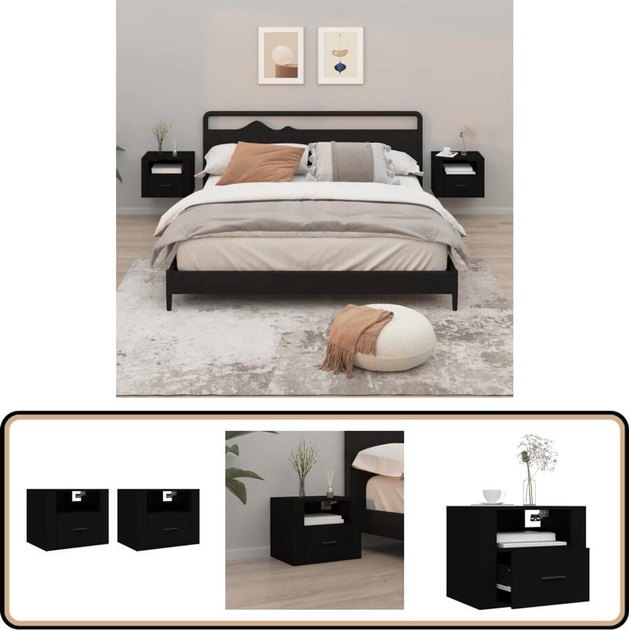 VidaXL Nachtkastjes Wandgemonteerd Zwart 2 stuks Zwevende Nachtkastjes Wandmontage Zwarte Nachtkastjes Houten Nachtkastjes Slaapkamer Meubels Decoratief Kastje Bergruimte