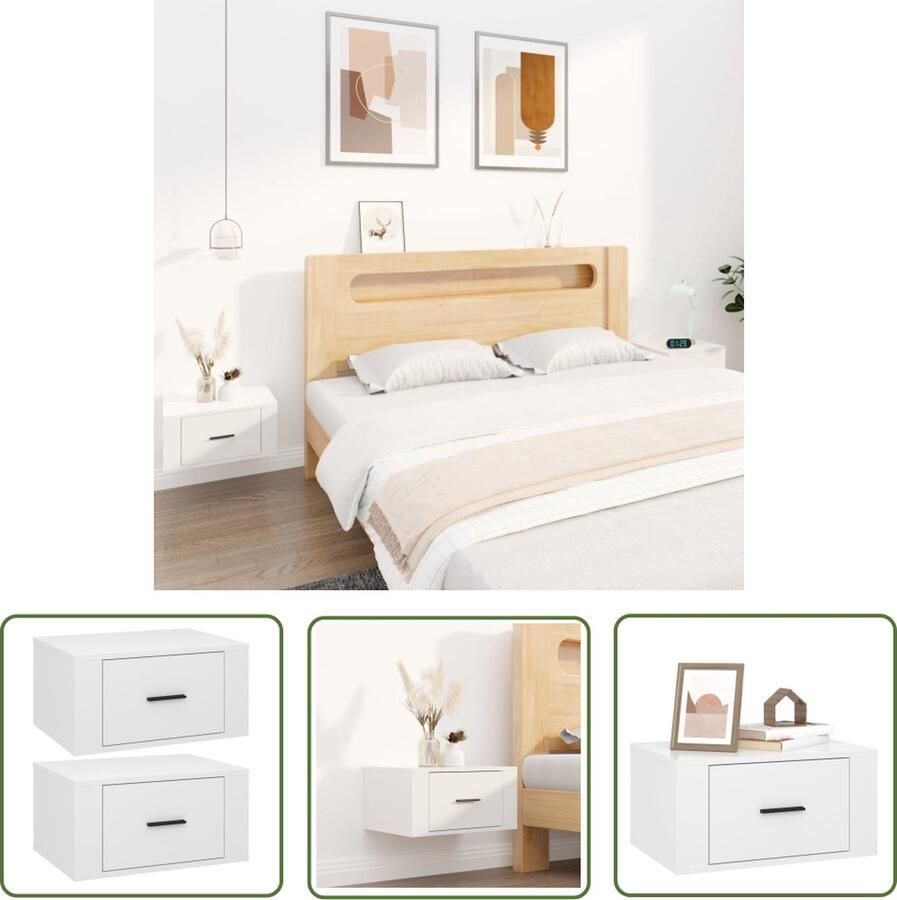The Living Store Nachtkastjes 2 st wandgemonteerd 50x36x25 cm hoogglans wit Wandkasten Nachtkastjes Slaapkamer Meubilair Houten Kast Witte Kasten - Foto 2