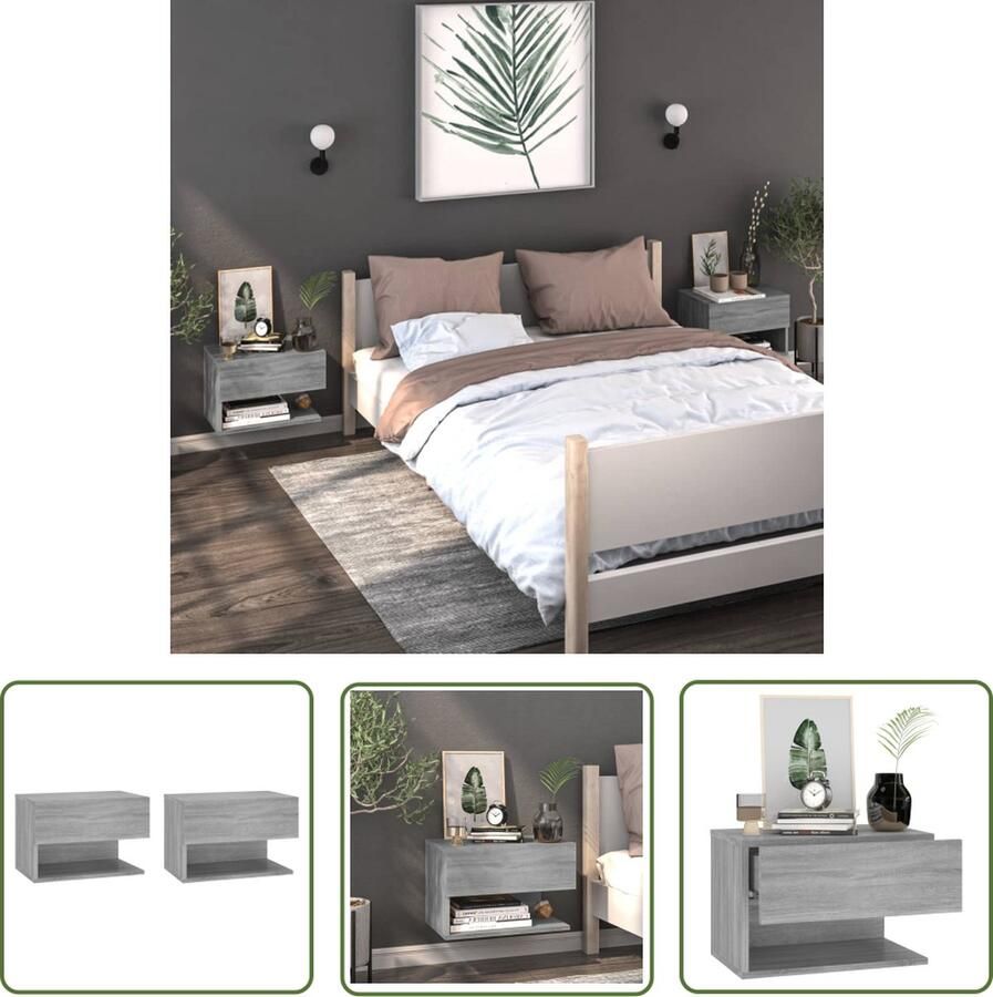 The Living Store Wandnachtkastjes Grijs Sonoma Eiken 46x29.5x30 cm Bewerkt hout Wandkasten Nachtkastjes Slaapkamer Meubilair Houten Nachtlamptafel Greige Meubel - Foto 2