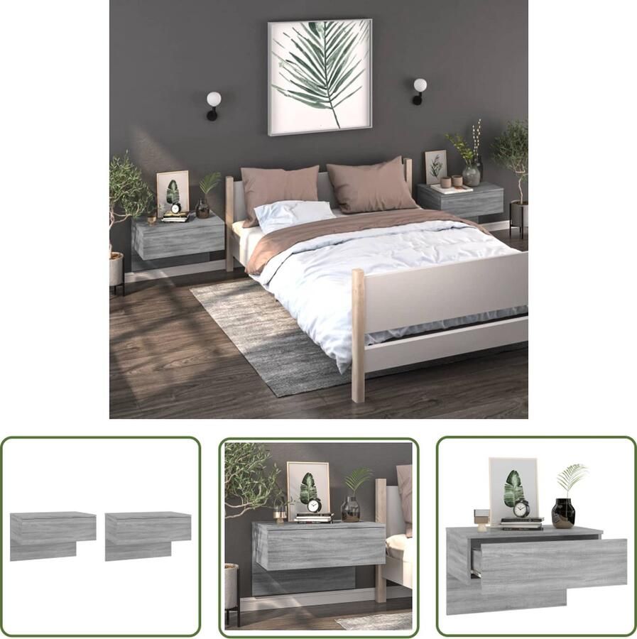 The Living Store Wandnachtkastjes Grijs Sonoma Eiken 60 x 40 x 40 cm Bewerkt hout Wandkasten Nachtkastjes Slaapkamer Meubilair Grijze Kasten Houten Kasten - Foto 2