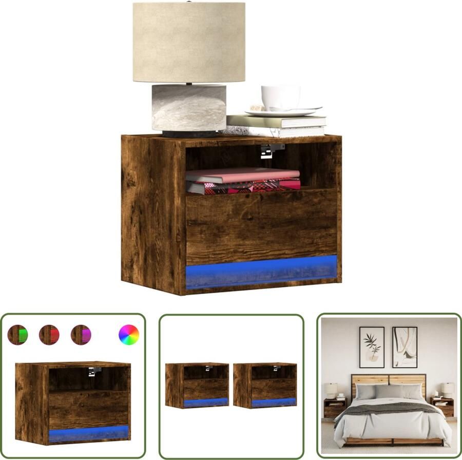 VidaXL Nachtkastjes Wandkasten Nachtkastjes met LED's 2 st wandgemonteerd gerookt eikenkleurig Led Lampen Slaapkamers Houten Kasten