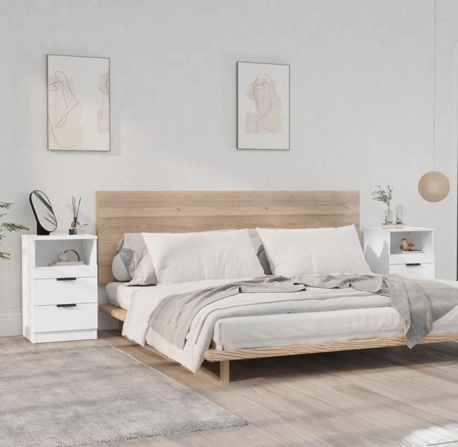 VidaXL Nachtkastjes Wit Bewerkt hout 2 stuks Nachtkastje Slaapkamermeubilair Houten Kast Witte Kast Spaanplaat Bergruimte Opbergvak