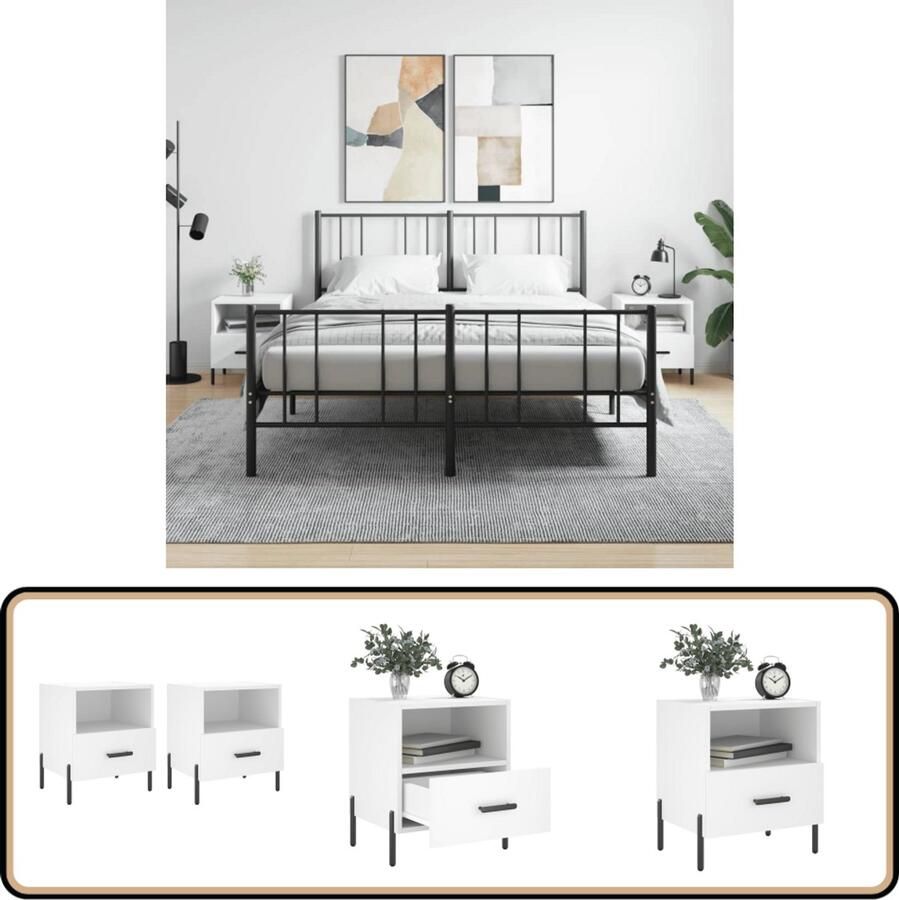 VidaXL Nachtkastjes Wit Bewerkt hout 2 stuks Nachtkastjes Kast Slaapkamer Meubilair Houten Meubels Witte Meubelen Modern Design Bergruimte Bijzettafels Metaal Poten