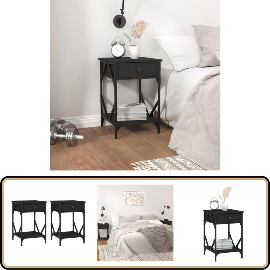 VidaXL Nachtkastjes Zwart Bewerkt Hout Set van 2 Nachtkastje Industrieel Design Zwarte Kleur Houten Kast Opbergkast Slaapkamermeubel Livingroom Meubel