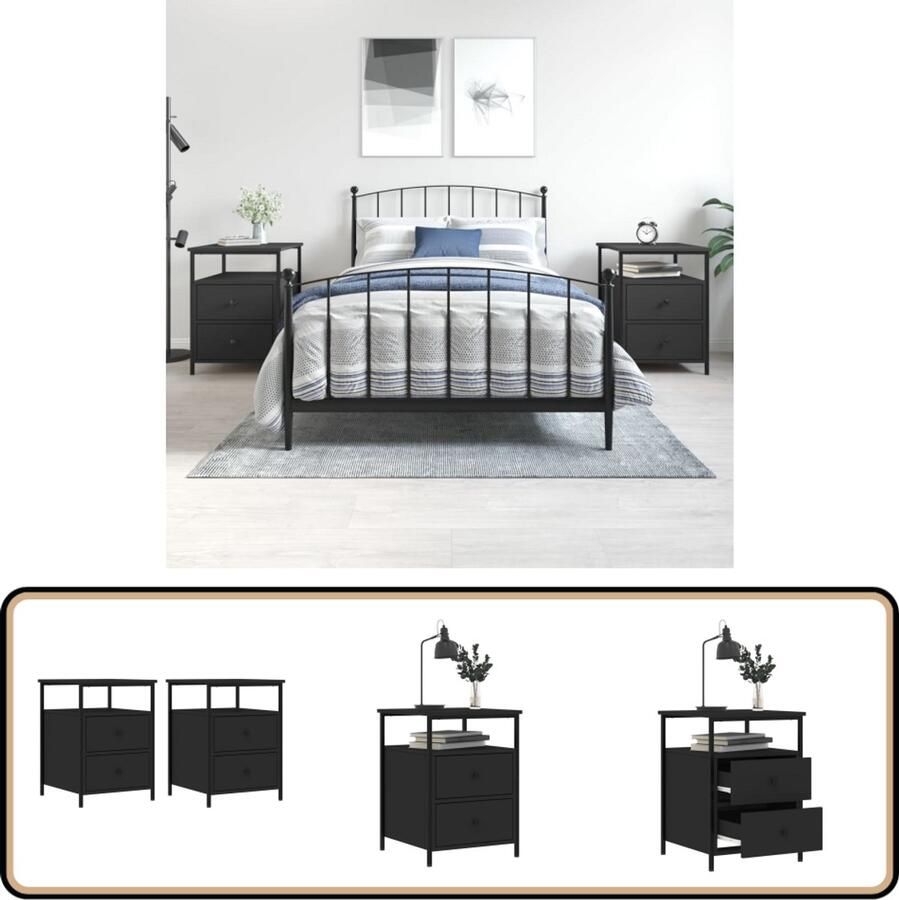 VidaXL Nachtkastjes Zwart Bewerkt Hout Set van 2 Nachtkastje Industrieel Zwart Houten Kast Metalen Frame Opbergkast Slaapkamers