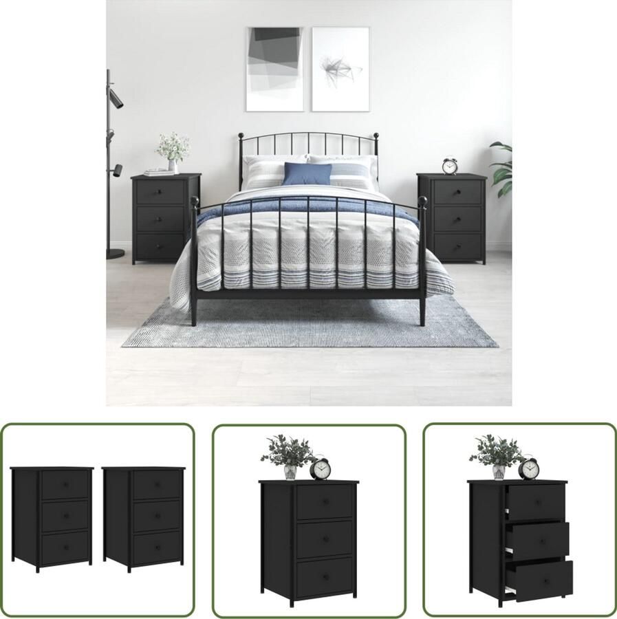 VidaXL Nachtkastjes Zwart Set van 2 40x36x60 cm Nachtkastjes Industrieel Design Slaapkamerinrichting Kast Met Lade Zwarte Meubels