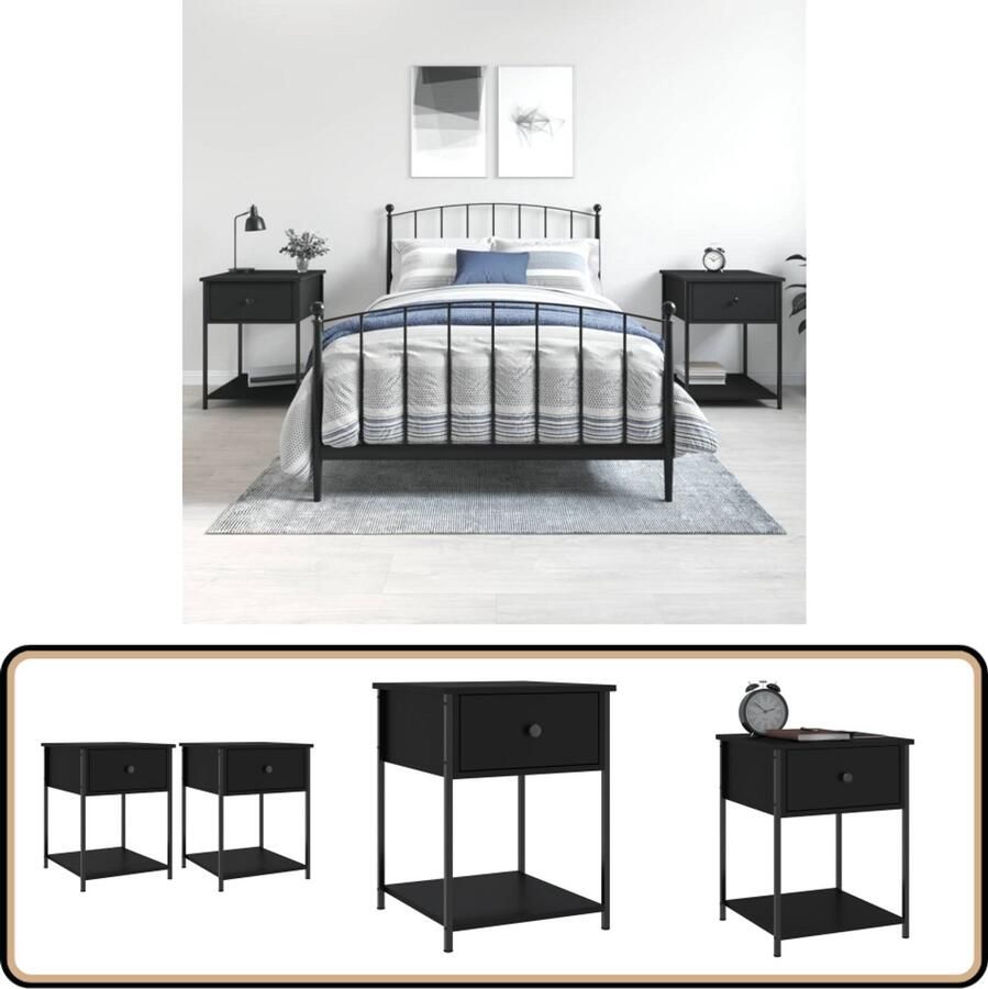 VidaXL Nachtkastjes Zwart Set van 2 Bewerkt Hout Nachtkastjes Kast Slaapkamermeubels Houten Kast Zwarte Kast