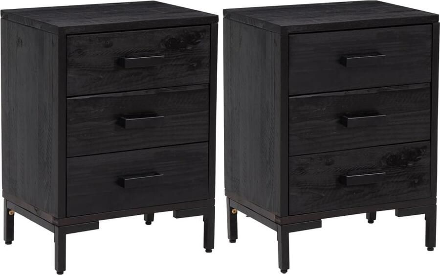 VidaXL Nachtkastjes Zwart Set van 2 Grenenhout Nachtkastjes Vintage Meubelen Houten Kastjes Slaapkamerinrichting Sidetable