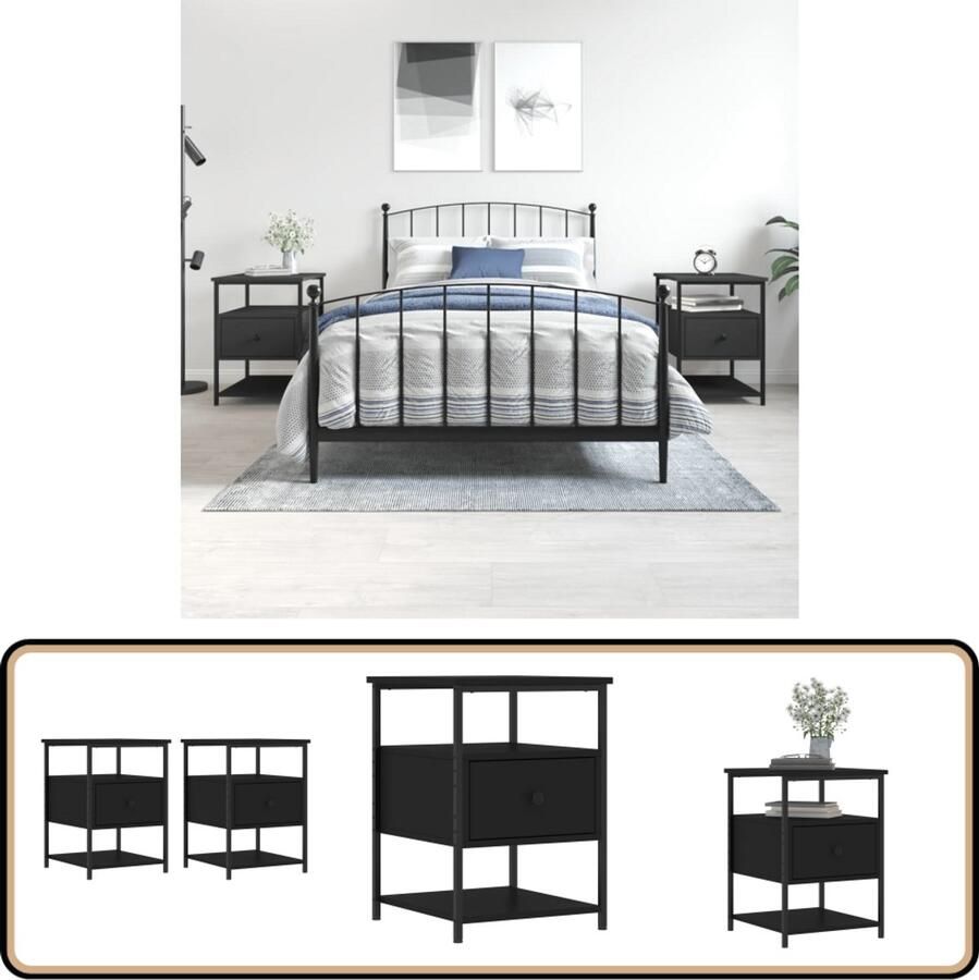 VidaXL Nachtkastjes Zwart Set van 2 Hout en IJzer Nachtkastje Kast Slaapkamermeubels Zwarte Nachtkast Houten Nachtkast