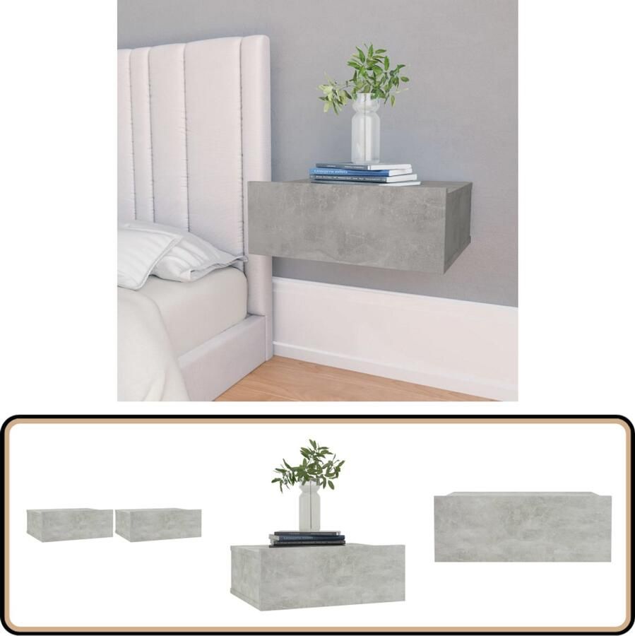 VidaXL Nachtkastjes Zwevend 40x30x15 cm Betongrijs Zwevende Nachtkastjes Nachtkastje Wandmontage Betongrijs Slaapkamerdecoratie Houten Meubilair Opbergmogelijkheden Minimalistische Stijl